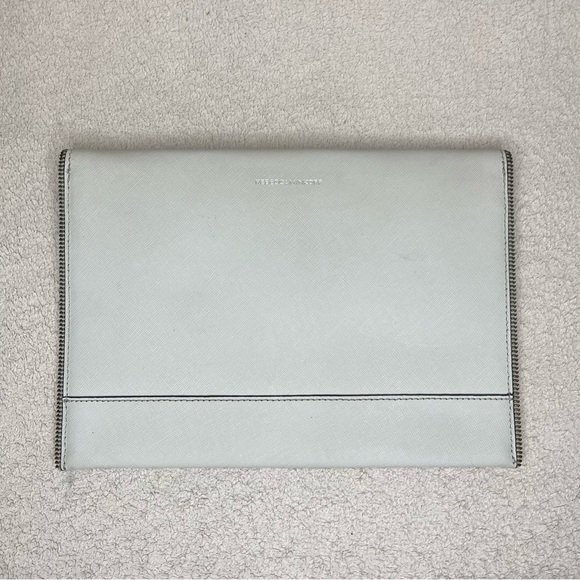 Rebecca Minkoff Saffiano Leather Envelope Zipper Trim Pouch Clutch-Gray-Designer - Picture 4 of 10